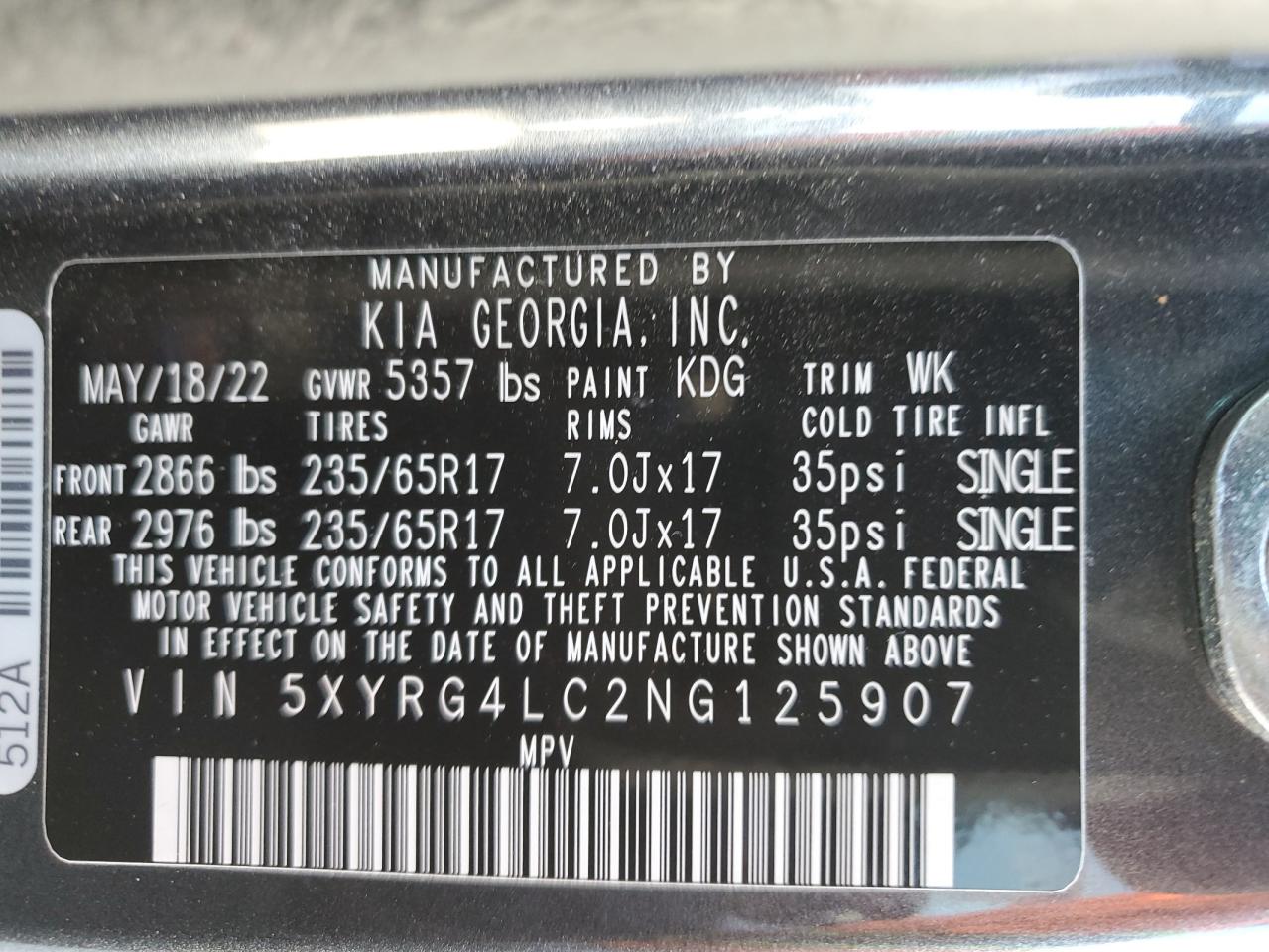 2022 KIA Sorento VIN 5XYRG4LC2NG125907 Copart auction photo, front end damage thumbnail 13
