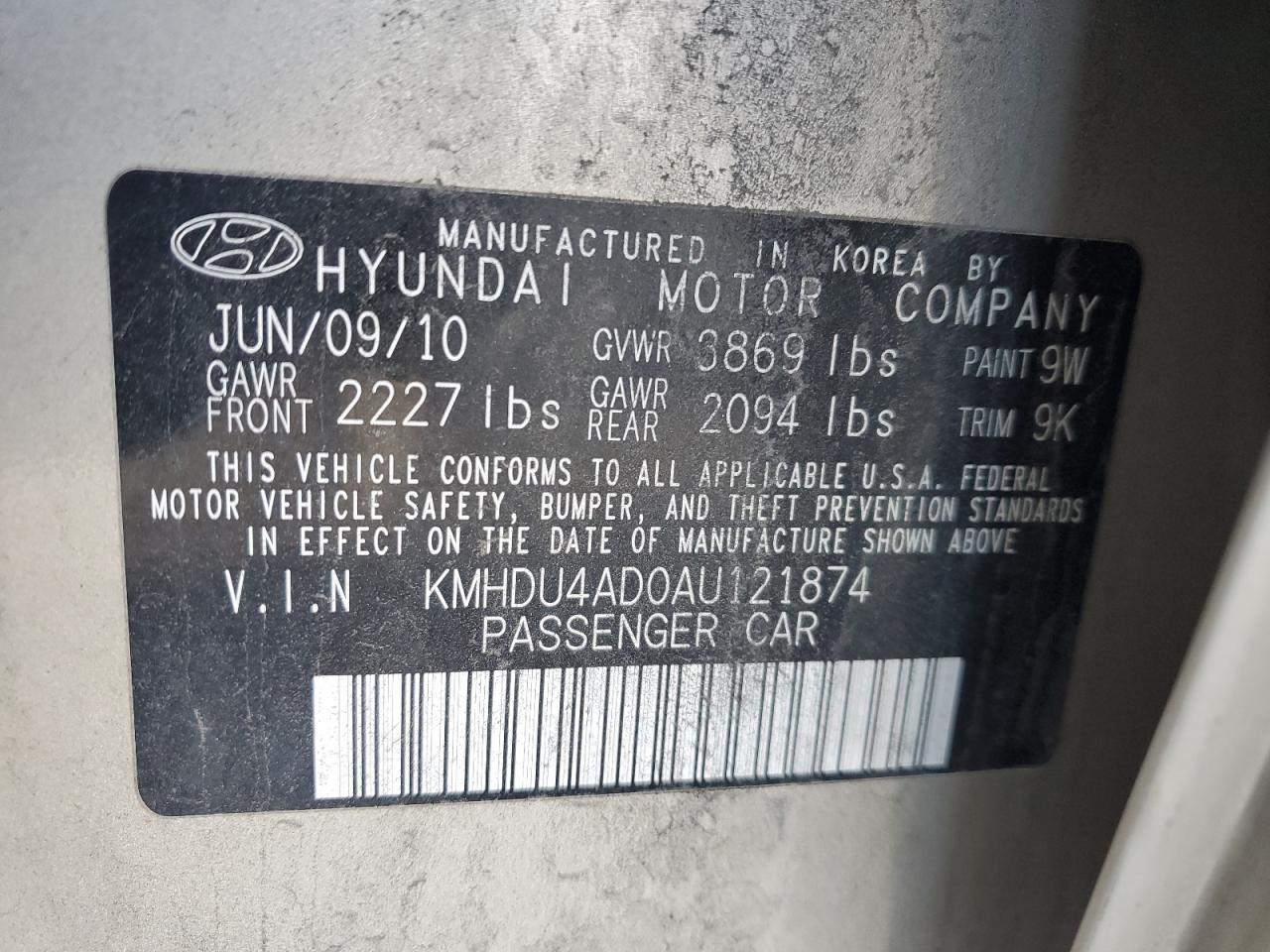 2010 Hyundai Elantra VIN KMHDU4AD0AU121874 Copart auction photo, side damage thumbnail 12