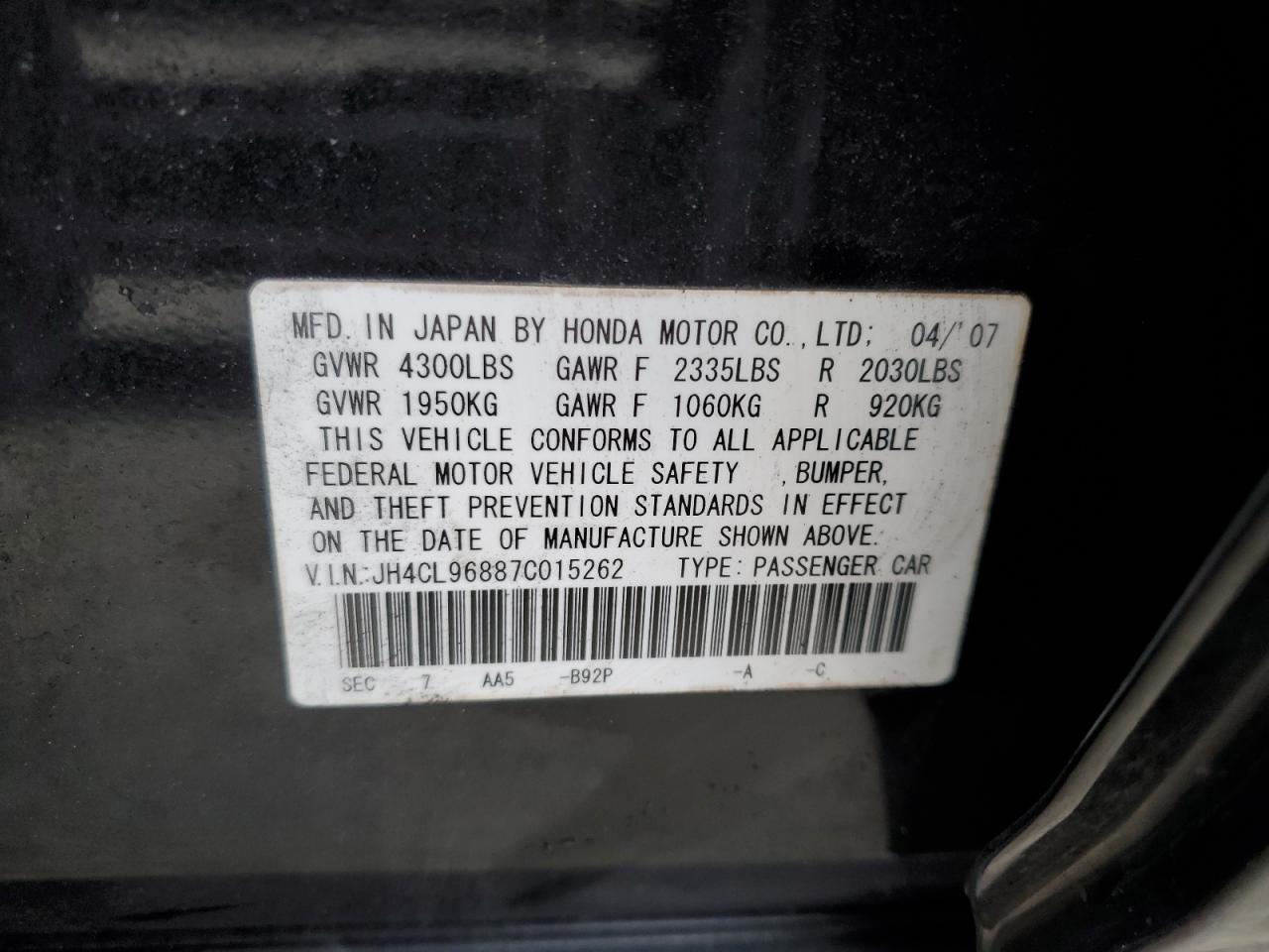 2007 Acura TSX VIN JH4CL96887C015262 Copart auction photo, side / rear end damage thumbnail 12