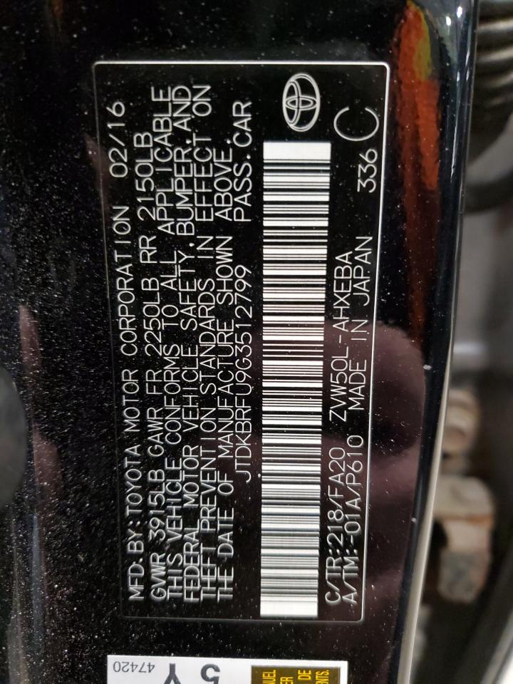 2016 Toyota Prius VIN JTDKBRFU9G3512799 Copart auction photo, front end / rear end damage thumbnail 12