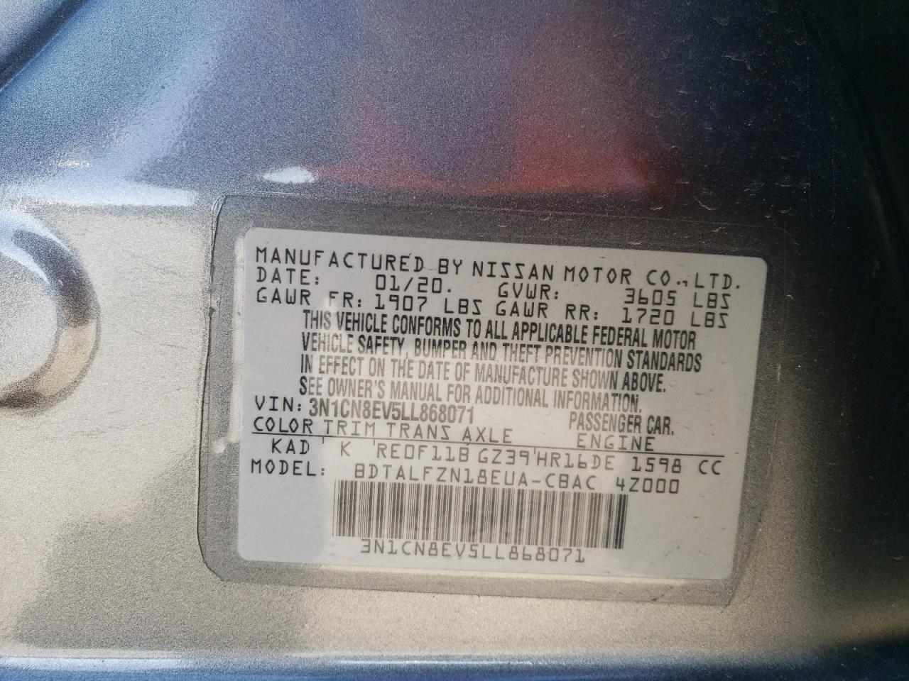 2020 Nissan Versa VIN 3N1CN8EV5LL868071 Copart auction photo, front end damage thumbnail 13