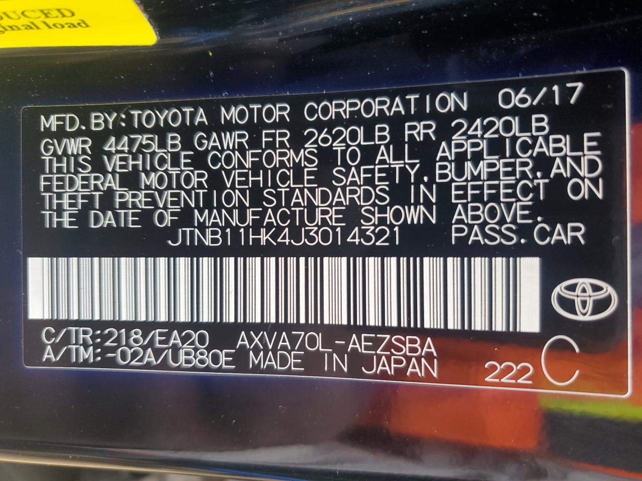 2018 Toyota Camry VIN JTNB11HK4J3014321 Copart auction photo, front end damage thumbnail 12