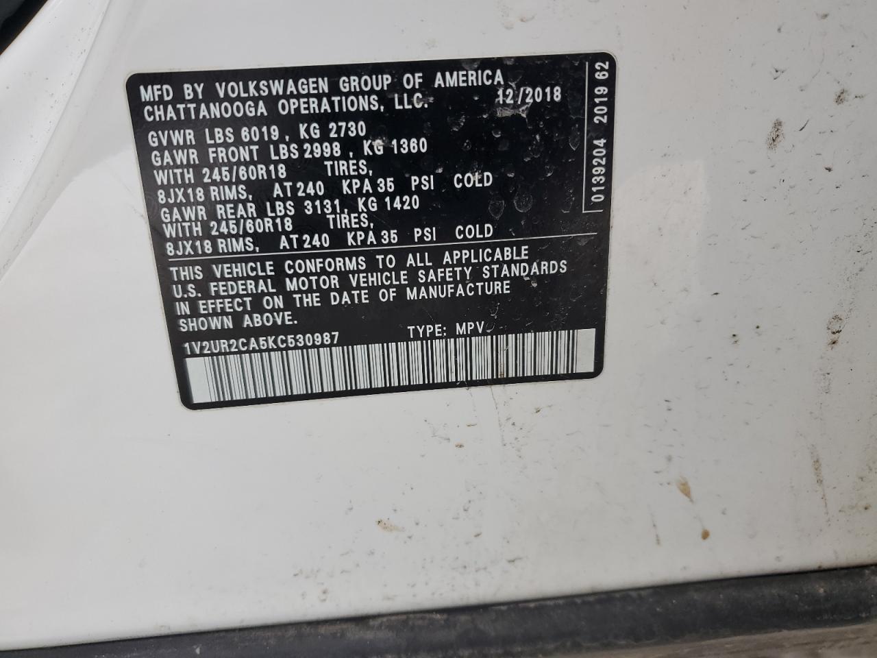 2019 Volkswagen Atlas VIN 1V2UR2CA5KC530987 Copart auction photo, mechanical damage thumbnail 14
