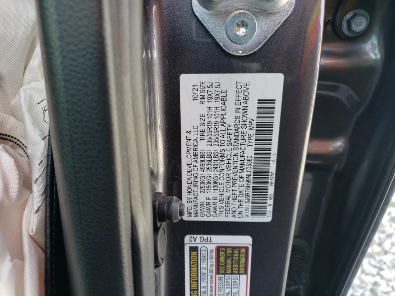 2022 Honda CR-V VIN 5J6RT6H99NL005380 Copart auction photo, all over damage thumbnail 13