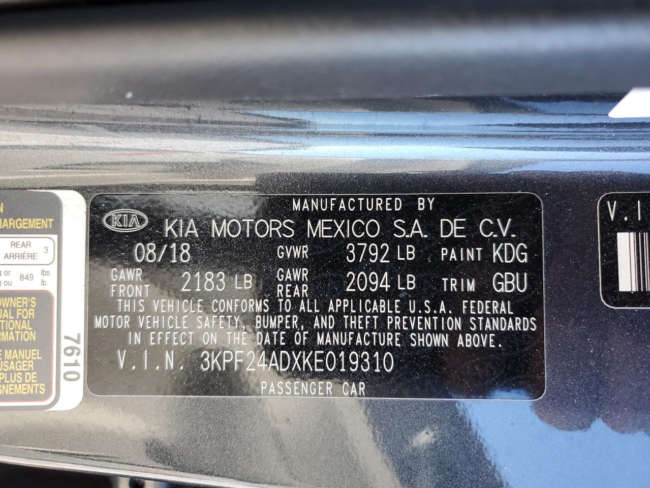 2019 KIA Forte VIN 3KPF24ADXKE019310 Copart auction photo, side / front end damage thumbnail 12