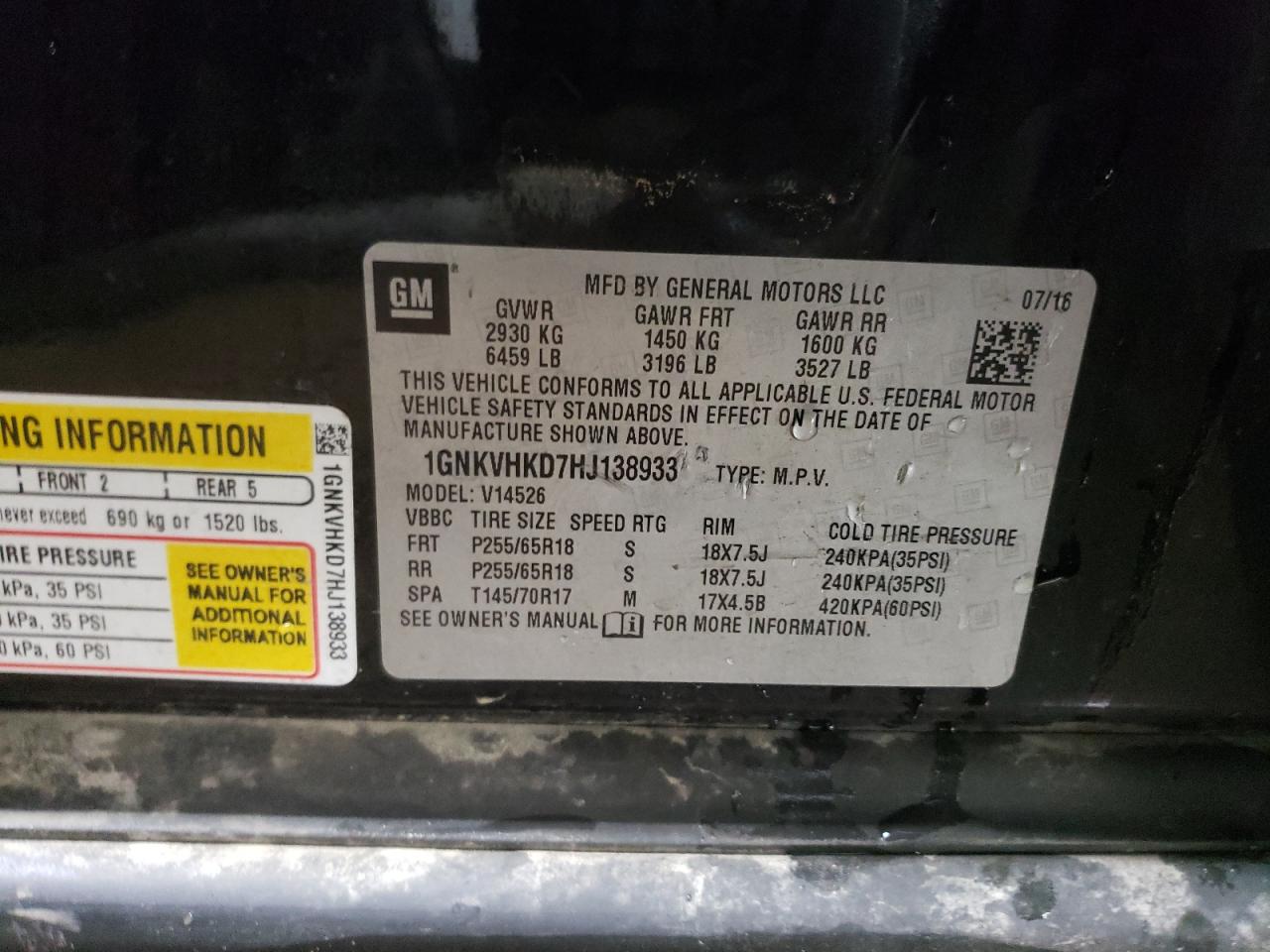 2017 Chevrolet Traverse VIN 1GNKVHKD7HJ138933 Copart auction photo, front end damage thumbnail 13