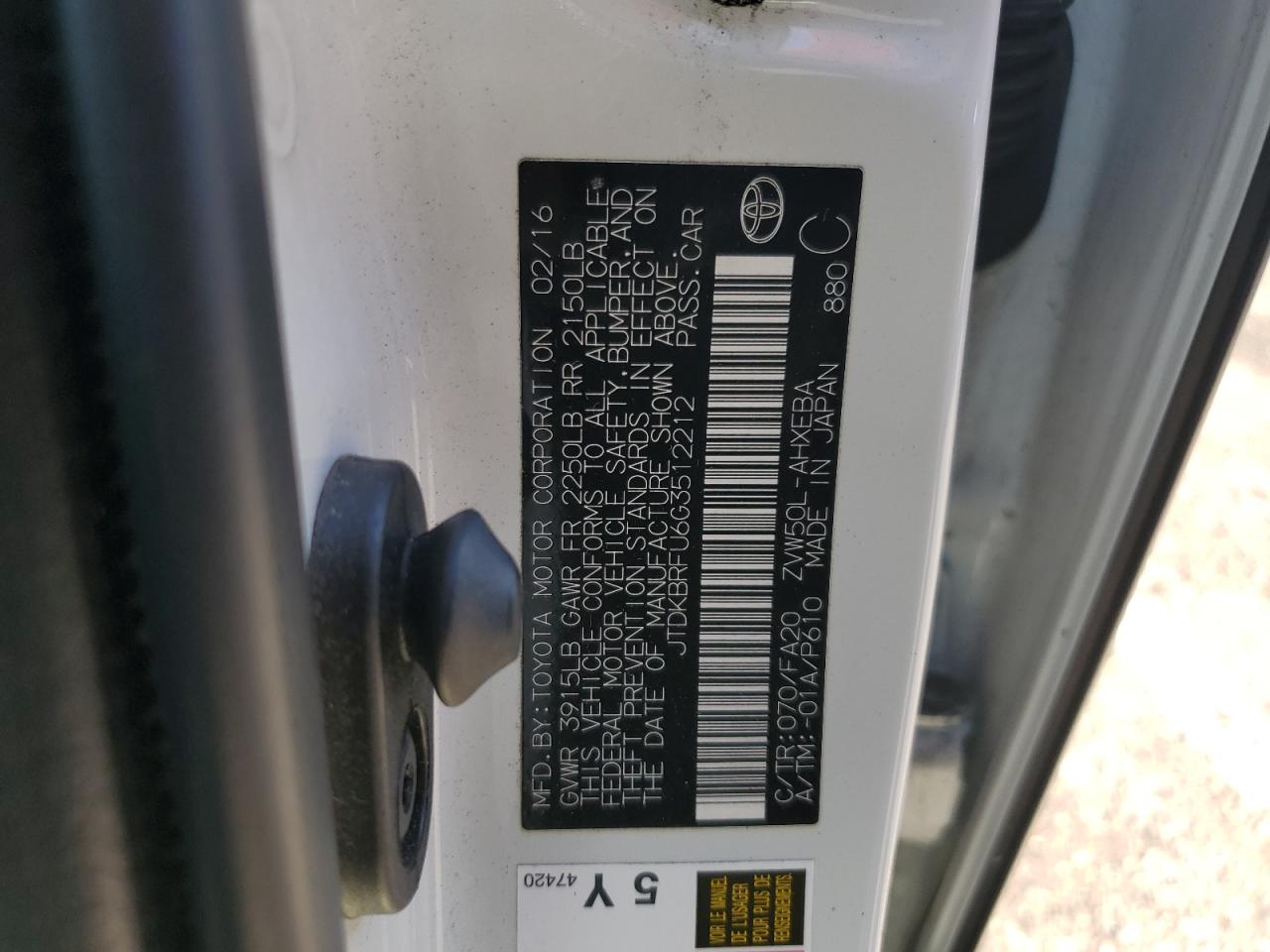 2016 Toyota Prius VIN JTDKBRFU6G3512212 Copart auction photo, rear end damage thumbnail 14