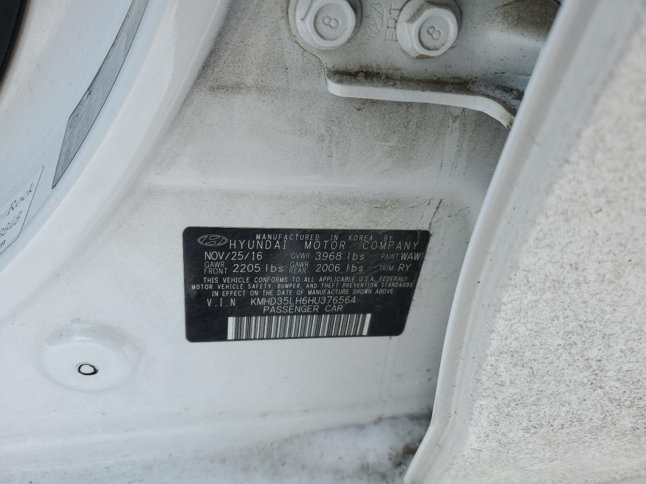 2017 Hyundai Elantra VIN KMHD35LH6HU376564 Copart auction photo, front end damage thumbnail 12