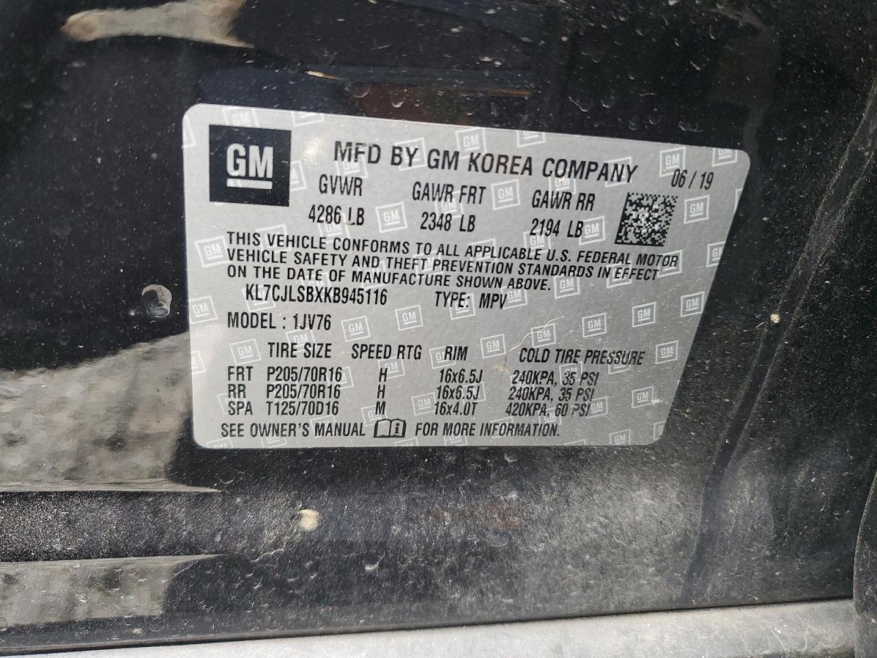 2019 Chevrolet Trax VIN KL7CJLSBXKB945116 Copart auction photo, front end / side damage thumbnail 14