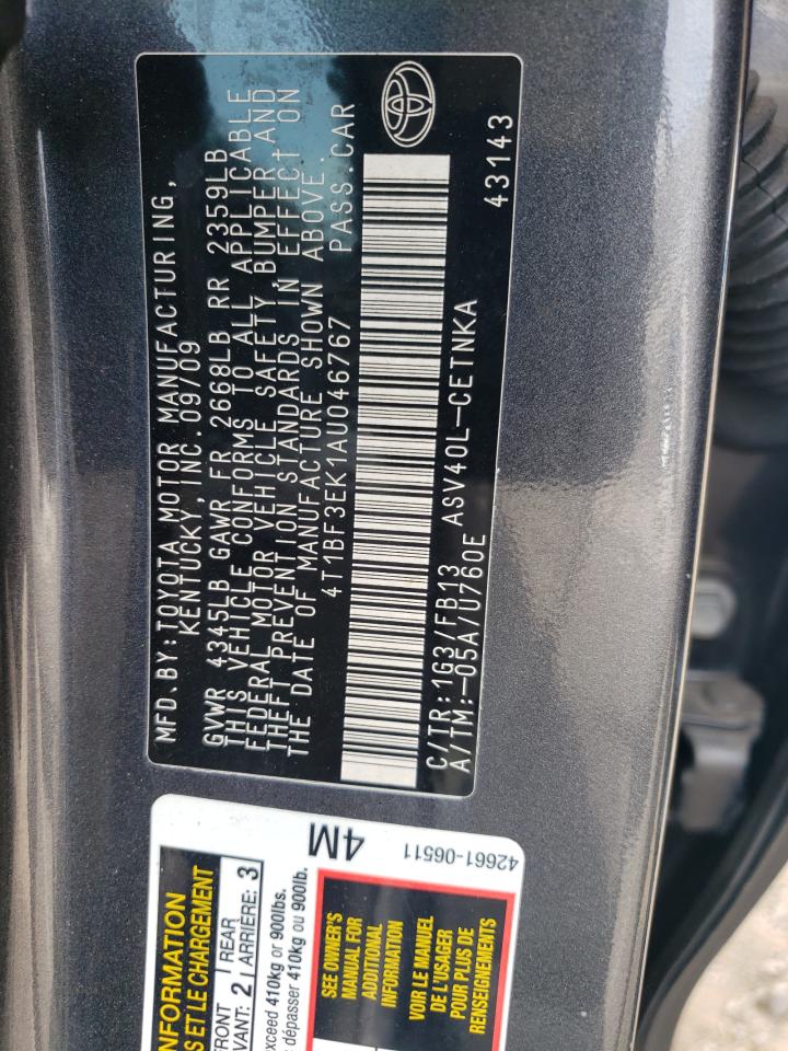 2010 Toyota Camry VIN 4T1BF3EK1AU046767 Copart auction photo, front end / side damage thumbnail 12