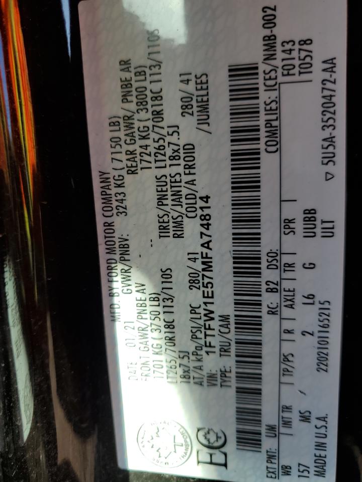 2021 Ford F-150 VIN 1FTFW1E57MFA74814 Copart auction photo, all over damage thumbnail 12