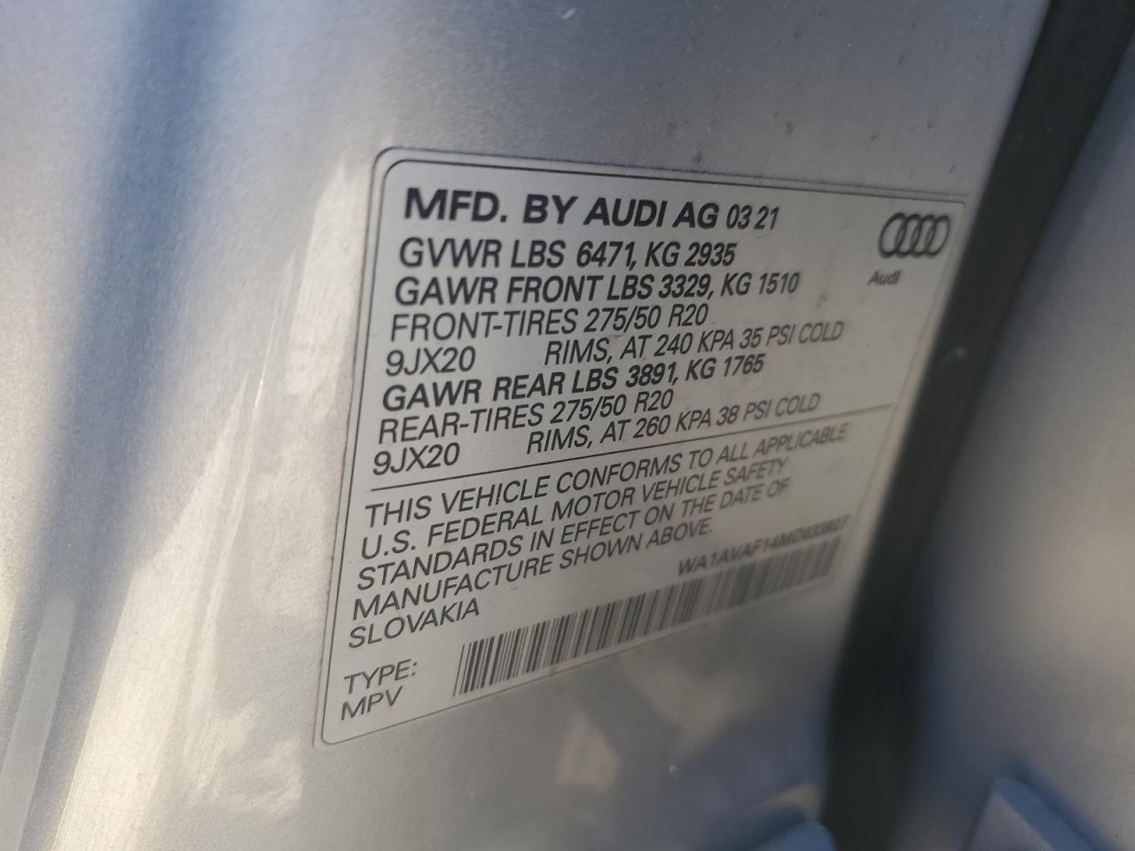 2021 Audi Q8 VIN WA1AVAF14MD033927 Copart auction photo, water/flood damage thumbnail 13