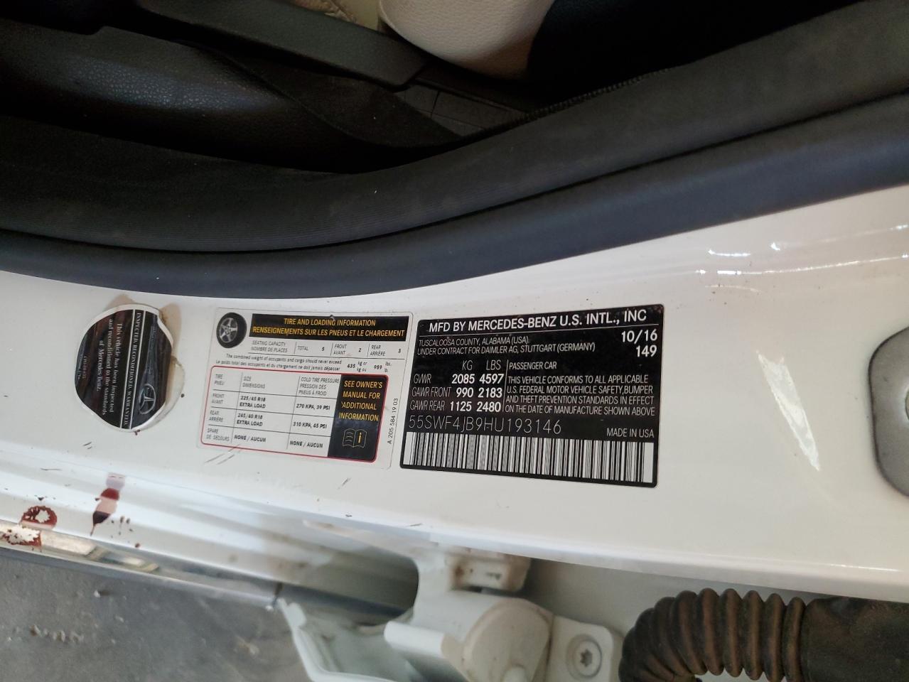 2017 Mercedes-Benz C-klasse VIN 55SWF4JB9HU193146 Copart auction photo, front end / side damage thumbnail 12