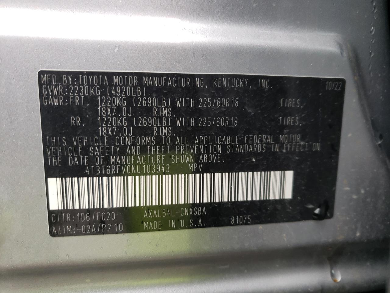 2022 Toyota RAV 4 VIN 4T3T6RFV0NU103943 Copart auction photo, rear end / front end damage thumbnail 13