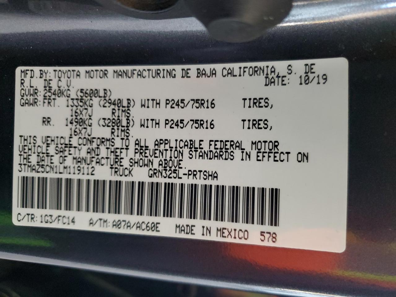2020 Toyota Tacoma VIN 3TMAZ5CN1LM119112 Copart auction photo, front end damage thumbnail 14