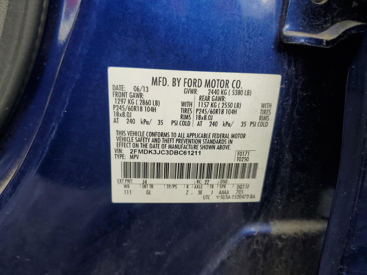 2013 Ford Edge VIN 2FMDK3JC3DBC61211 Copart auction photo, rear end / front end damage thumbnail 15