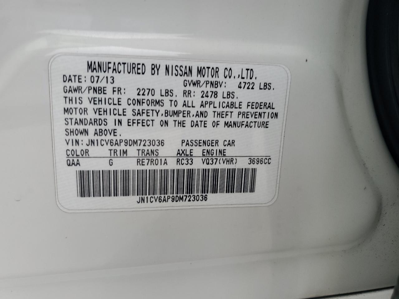 2013 Infiniti G VIN JN1CV6AP9DM723036 Copart auction photo, rear end damage thumbnail 12