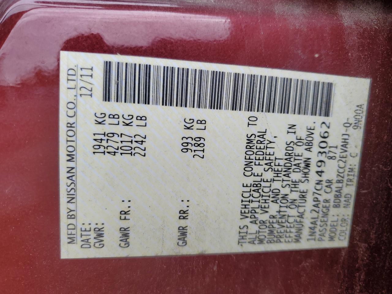 2012 Nissan Altima VIN 1N4AL2AP7CN493062 Copart auction photo, rear end / front end damage thumbnail 12