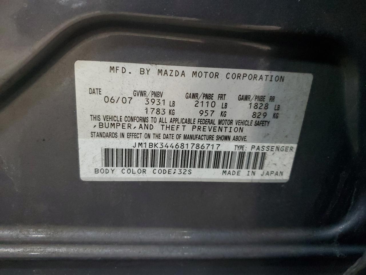 2008 Mazda 3 VIN JM1BK344681786717 Copart auction photo, front end / undercarriage damage thumbnail 12