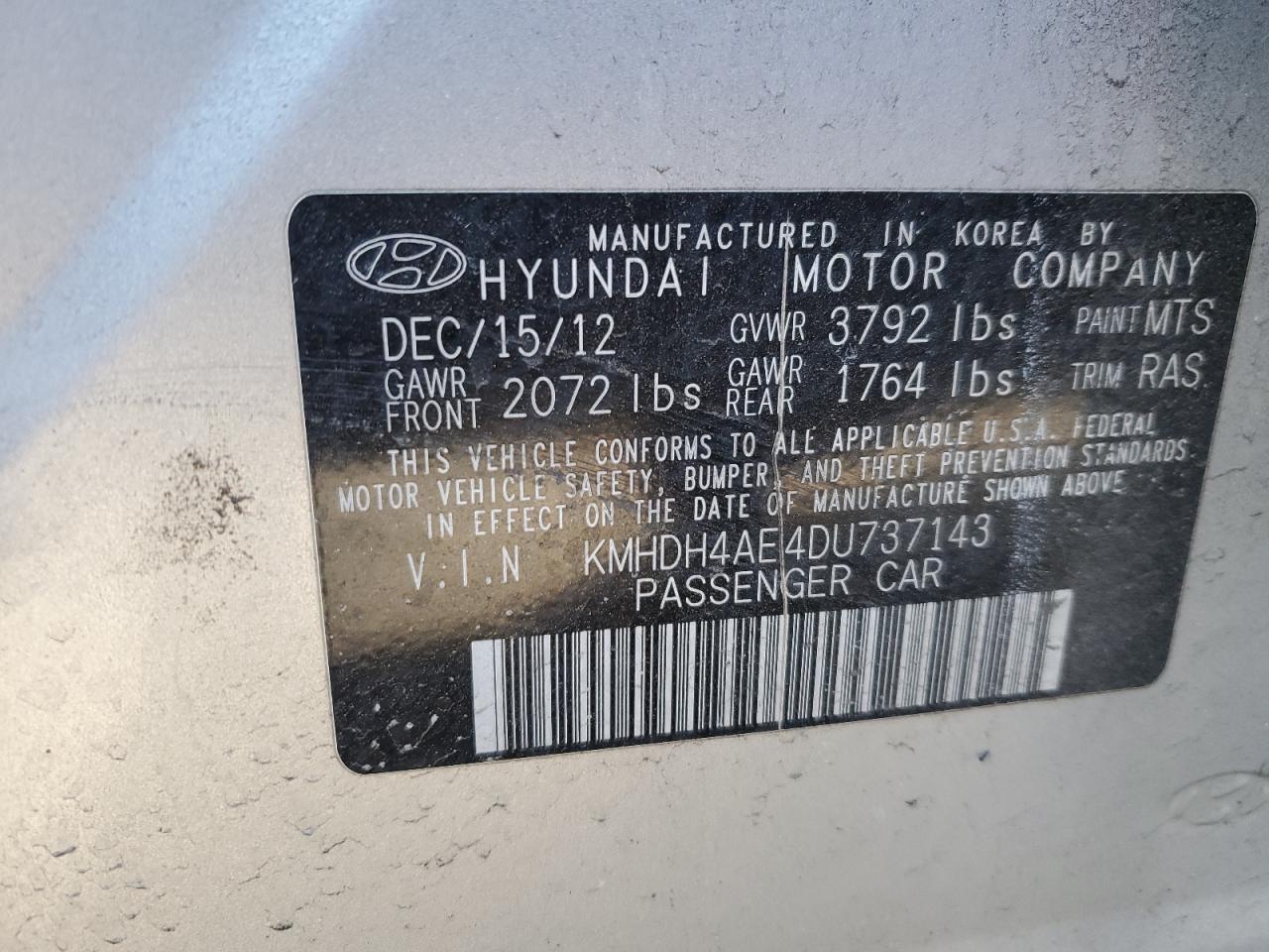 2013 Hyundai Elantra VIN KMHDH4AE4DU737143 Copart auction photo, vandalism / all over damage thumbnail 12