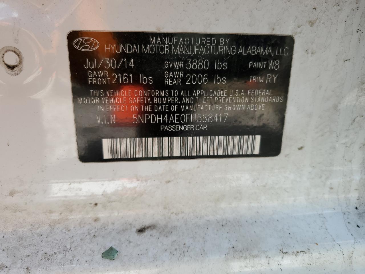 2015 Hyundai Elantra VIN 5NPDH4AE0FH568417 Copart auction photo, rear end damage thumbnail 12