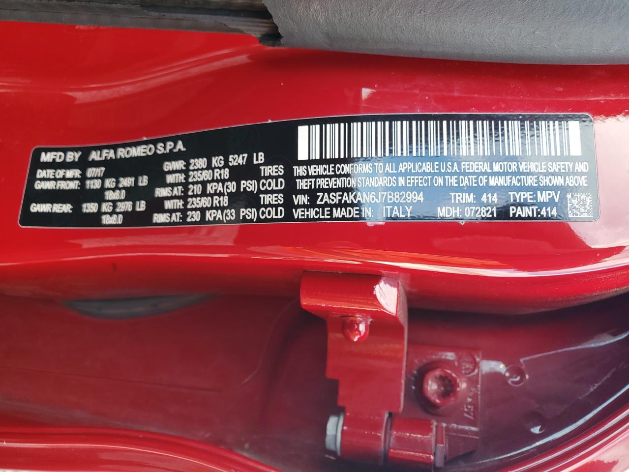 2018 Alfa Romeo Stelvio VIN ZASFAKAN6J7B82994 Copart auction photo, front end damage thumbnail 12
