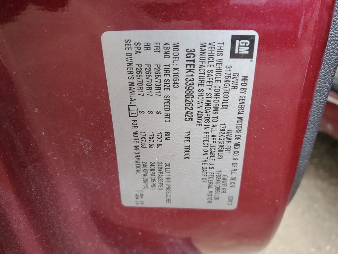 2008 GMC Sierra VIN 3GTEK13398G262425 Copart auction photo, rear end damage thumbnail 12