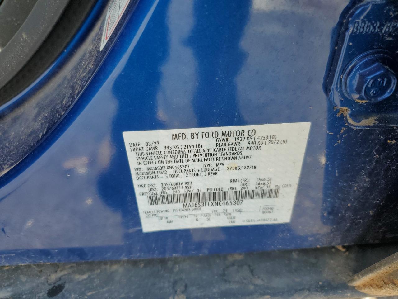 2022 Ford EcoSport VIN MAJ6S3FLXNC465307 Copart auction photo, all over damage thumbnail 15