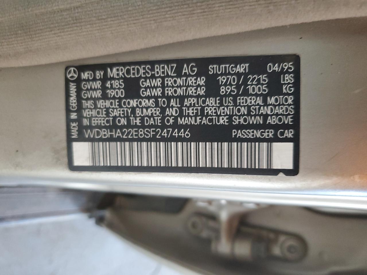 1995 Mercedes-Benz C-klasse VIN WDBHA22E8SF247446 Copart auction photo, front end / side damage thumbnail 12