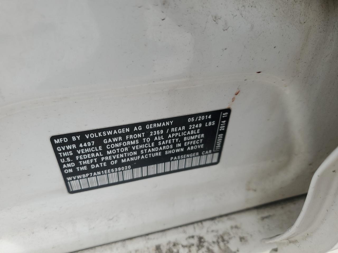 2014 Volkswagen Passat CC VIN WVWBP7AN1EE539020 Copart auction photo, front end damage thumbnail 12