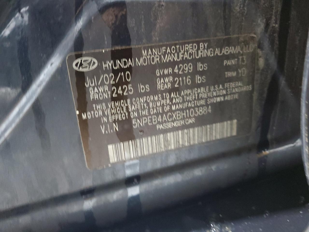 2011 Hyundai Sonata VIN 5NPEB4ACXBH103884 Copart auction photo, burn / minor dent/scratches damage thumbnail 12