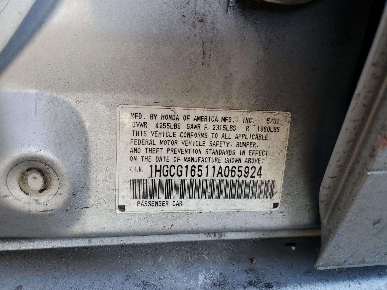 2001 Honda Accord VIN 1HGCG16511A065924 Copart auction photo, all over damage thumbnail 12