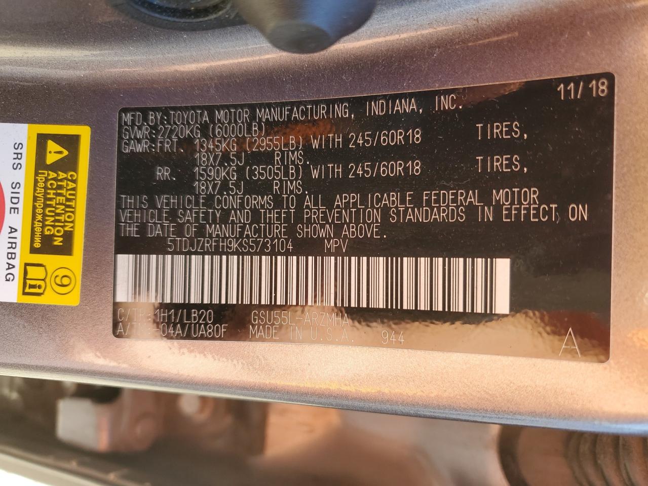 2019 Toyota Highlander VIN 5TDJZRFH9KS573104 Copart auction photo, all over damage thumbnail 13