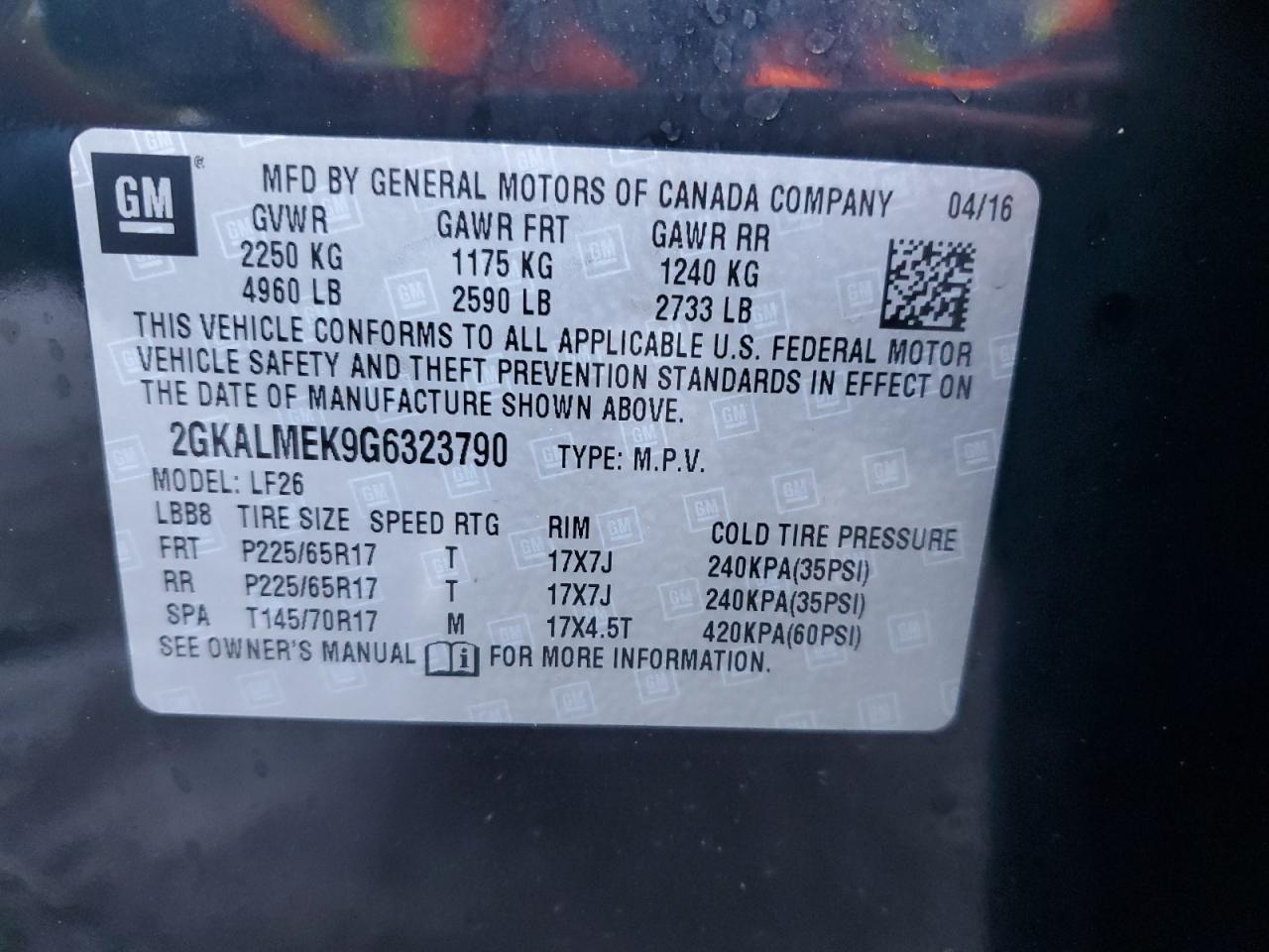 2016 GMC Terrain VIN 2GKALMEK9G6323790 Copart auction photo, front end damage thumbnail 14