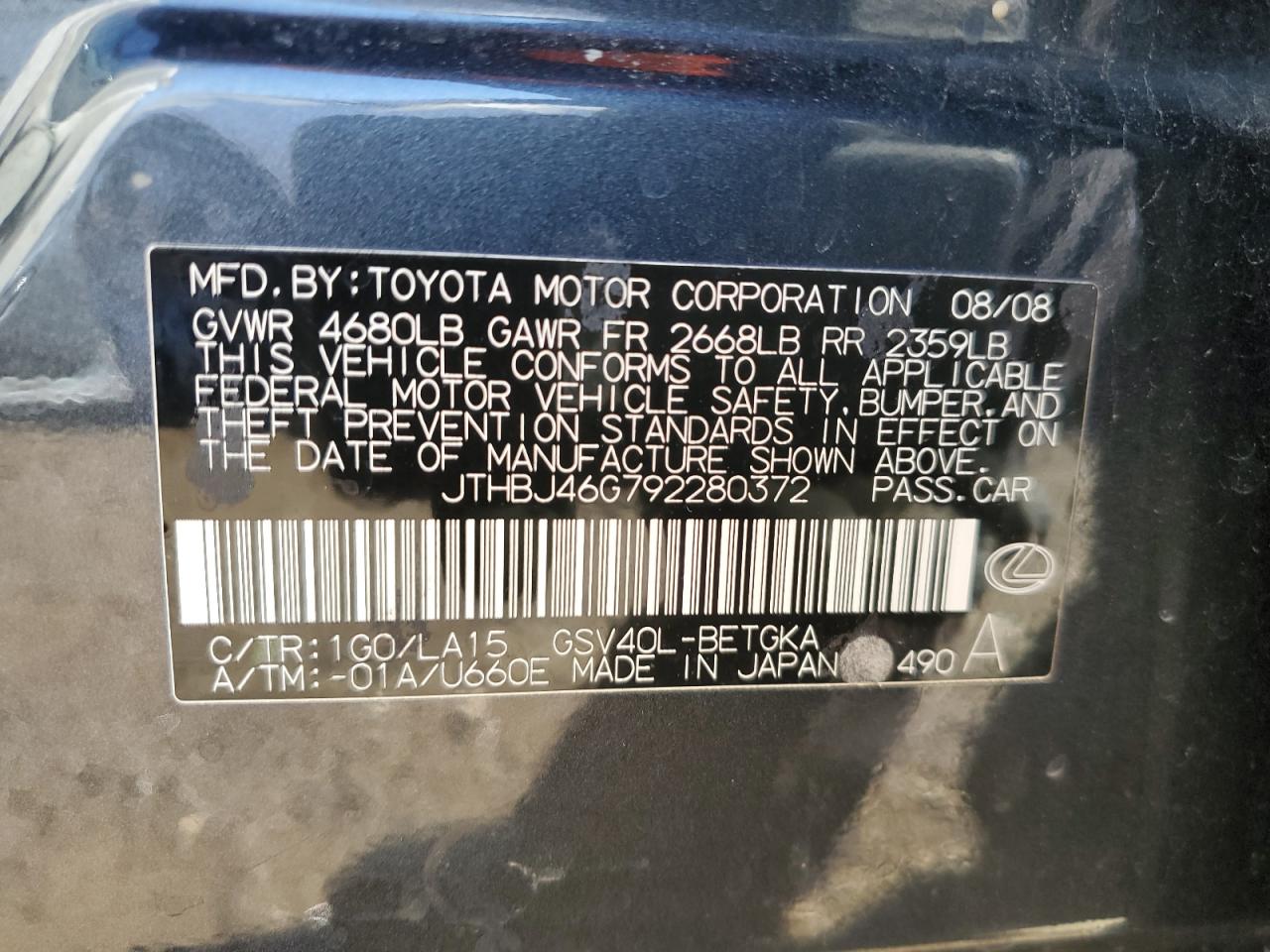 2009 Lexus ES VIN JTHBJ46G792280372 Copart auction photo, side / rear end damage thumbnail 12