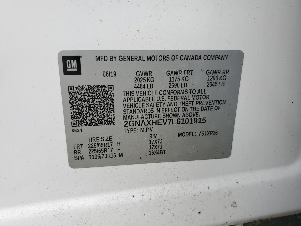 2020 Chevrolet Equinox VIN 2GNAXHEV7L6101915 Copart auction photo, top/roof / front end damage thumbnail 13