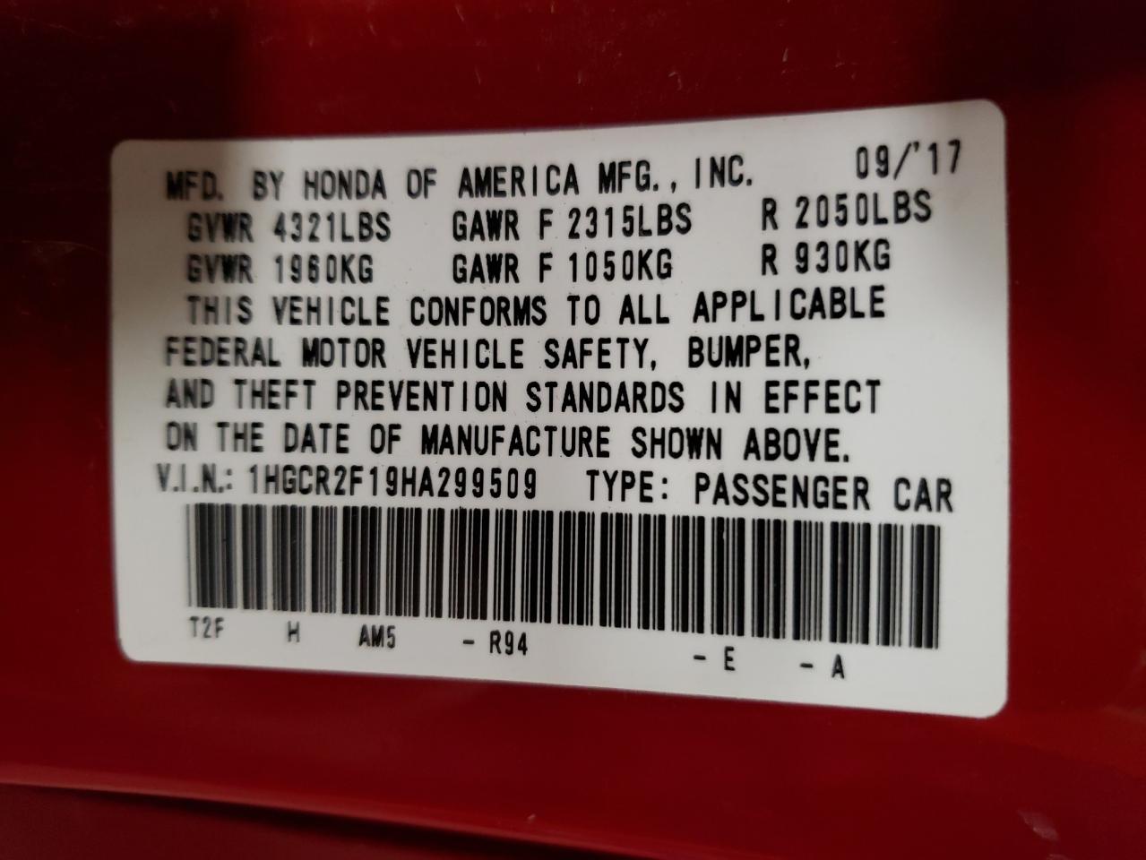 2017 Honda Accord VIN 1HGCR2F19HA299509 Copart auction photo, all over damage thumbnail 12