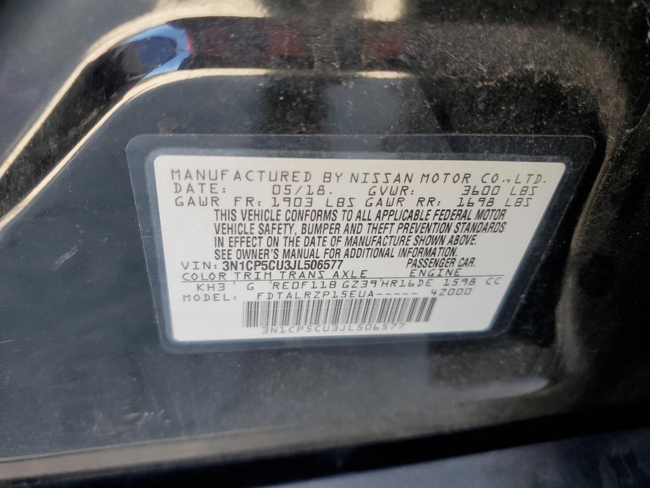 2018 Nissan Kicks VIN 3N1CP5CU3JL506577 Copart auction photo, front end / all over damage thumbnail 12