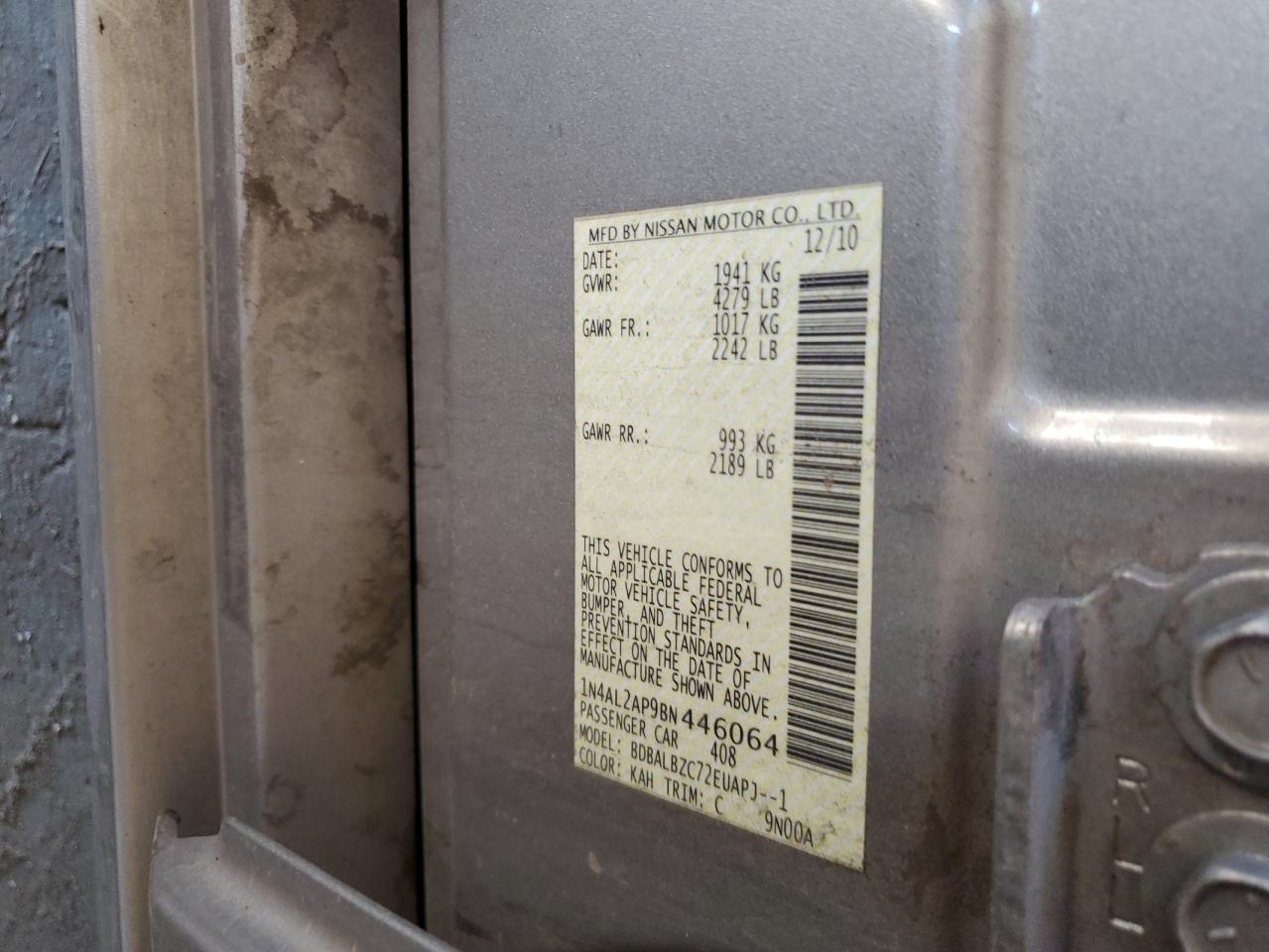 2011 Nissan Altima VIN 1N4AL2AP9BN446064 Copart auction photo, rear end damage thumbnail 12