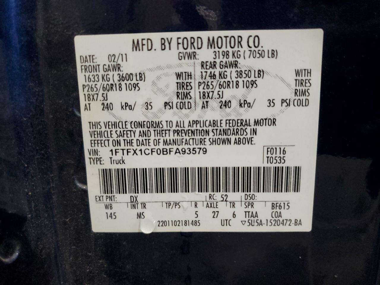 2011 Ford F-150 VIN 1FTFX1CF0BFA93579 Copart auction photo, front end damage thumbnail 13