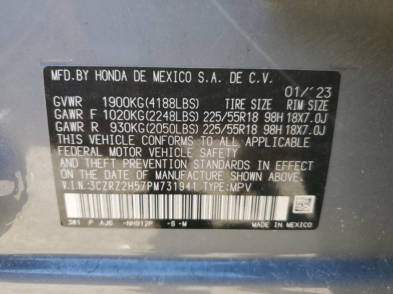 2023 Honda HR-V VIN 3CZRZ2H57PM731941 Copart auction photo, side / rear end damage thumbnail 14