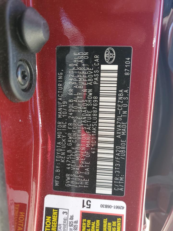 2020 Toyota Camry VIN 4T1C11AK5LU887698 Copart auction photo, front end / side damage thumbnail 14