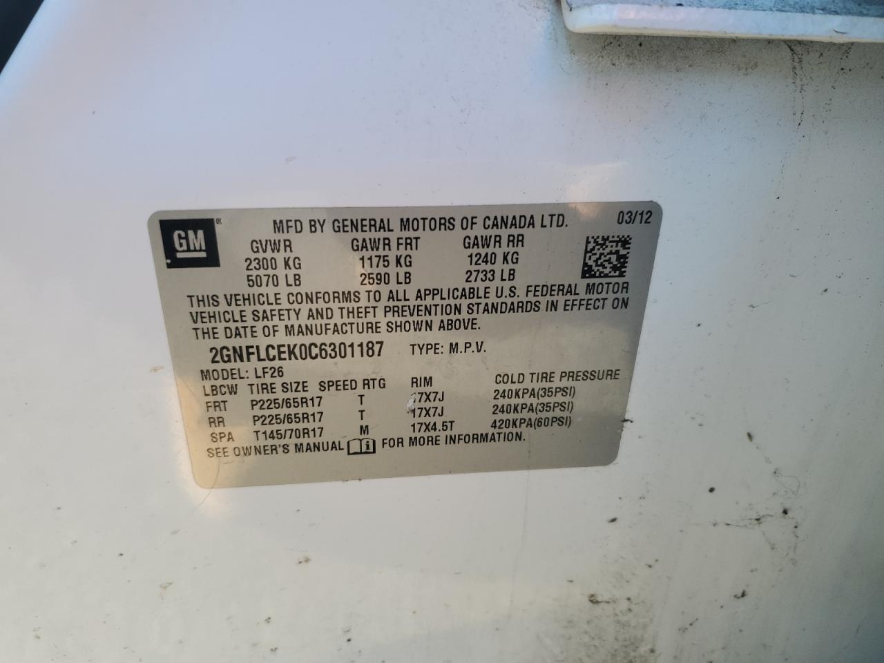 2012 Chevrolet Equinox VIN 2GNFLCEK0C6301187 Copart auction photo, side damage thumbnail 15