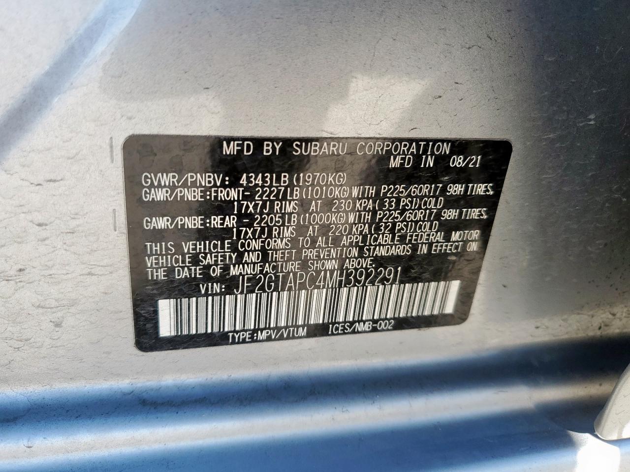2021 Subaru XV VIN JF2GTAPC4MH392291 Copart auction photo, side damage thumbnail 12