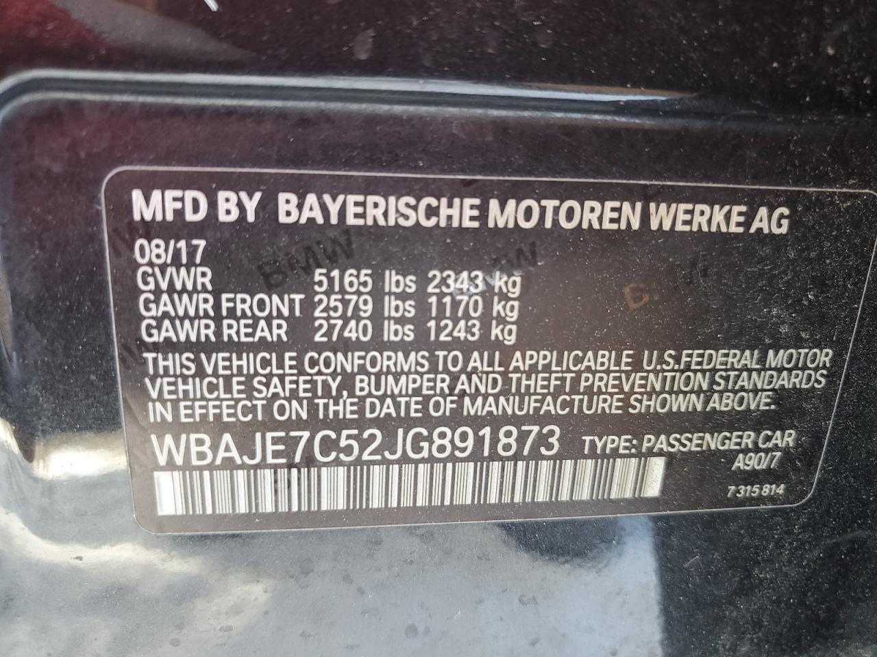 2018 BMW 5er VIN WBAJE7C52JG891873 Copart auction photo, front end damage thumbnail 14