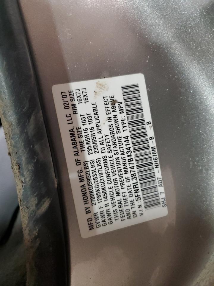 2007 Honda Odyssey VIN 5FNRL38747B434144 Copart auction photo, rear end damage thumbnail 13