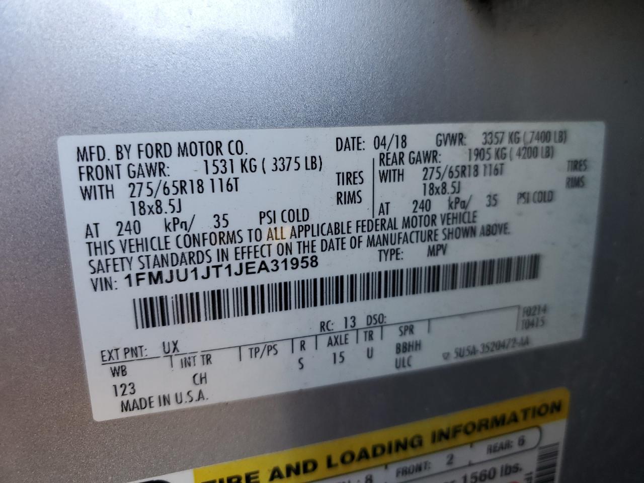 2018 Ford Expedition VIN 1FMJU1JT1JEA31958 Copart auction photo, front end damage thumbnail 16