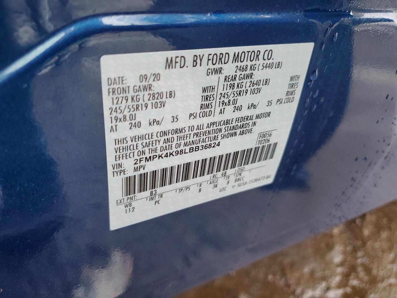 2020 Ford Edge VIN 2FMPK4K98LBB36824 Copart auction photo, front end damage thumbnail 12