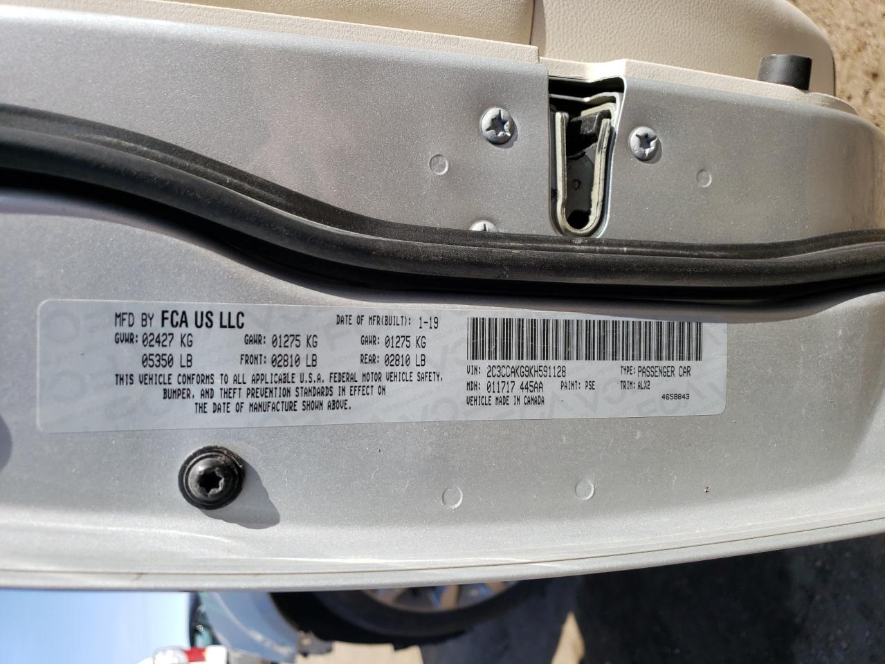 2019 Chrysler 300 VIN 2C3CCAKG9KH591128 Copart auction photo, front end damage thumbnail 12