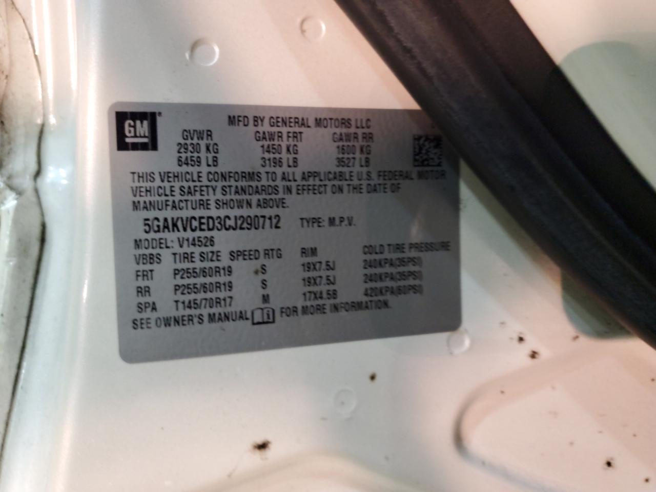 2012 Buick Enclave VIN 5GAKVCED3CJ290712 Copart auction photo, rear end damage thumbnail 12